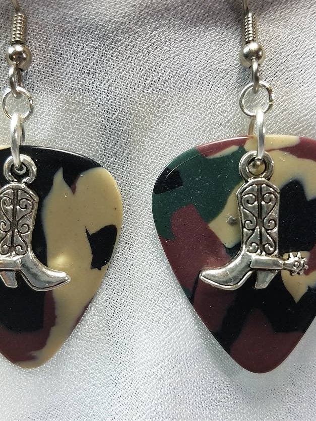 Cowboy Boot and Spur Charm Guitar Pick Earrings for wholesale by Simply Raevyn
