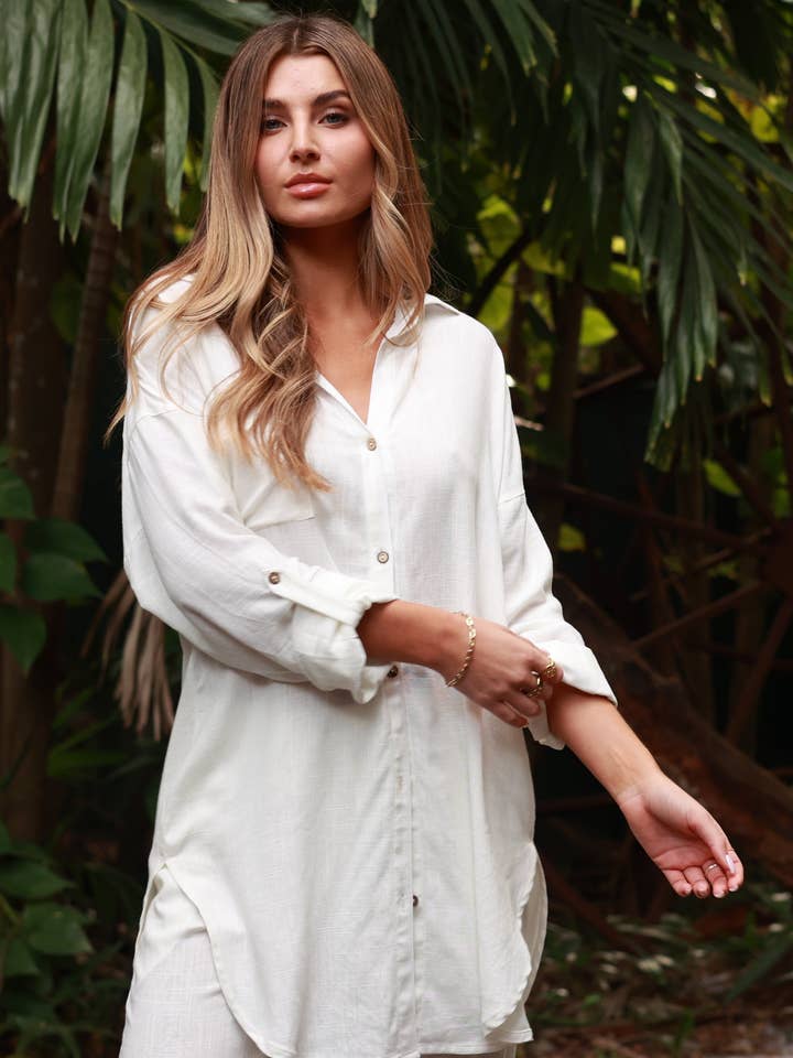 ANTIGUA WHITE LINEN LONG SHIRT COVER UP for wholesale by Salty Weekend