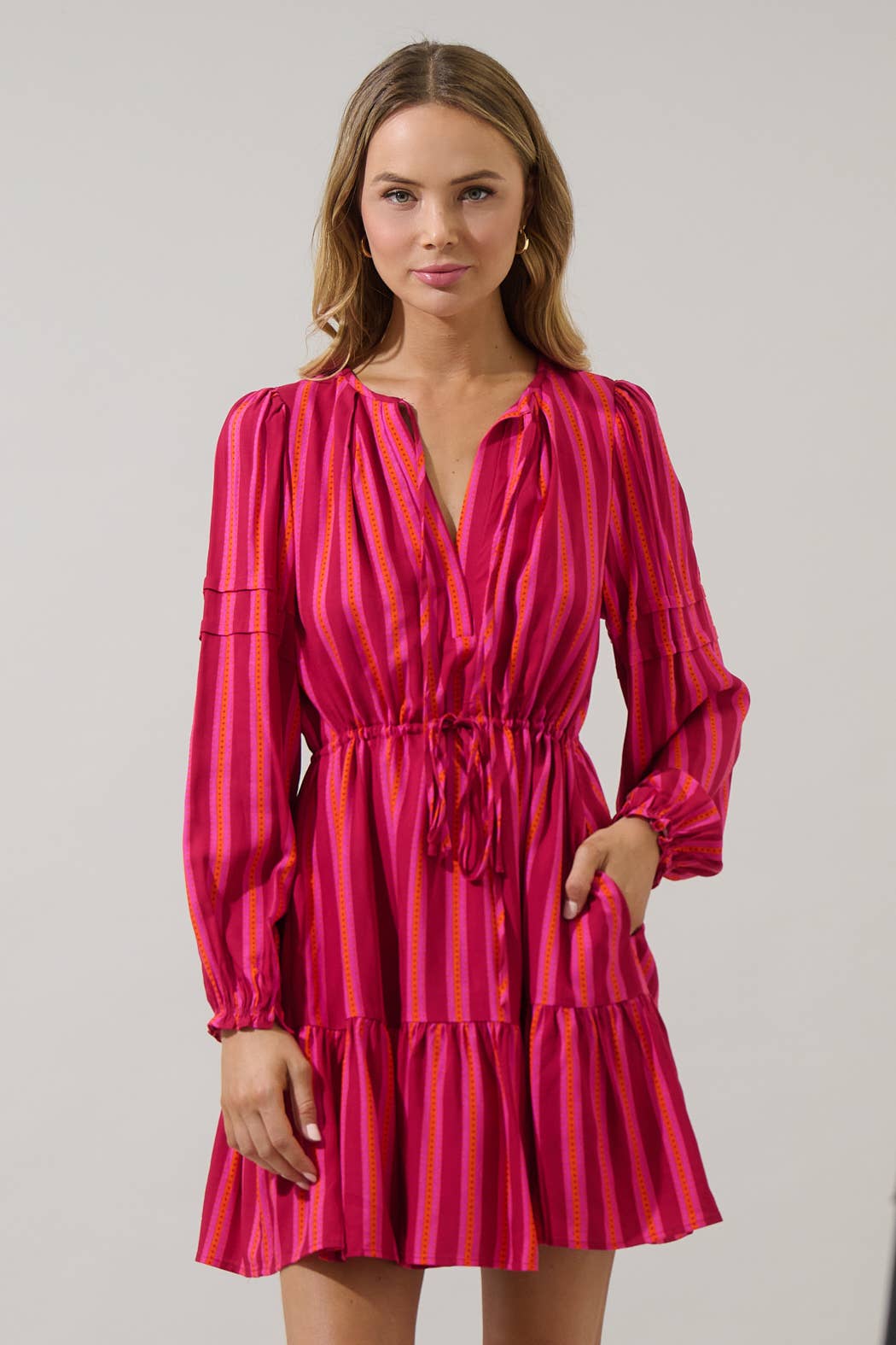 FUCHSIA ORANGE Clarisa Stripes Lomie Drawstring Mini Dress for wholesale on Faire