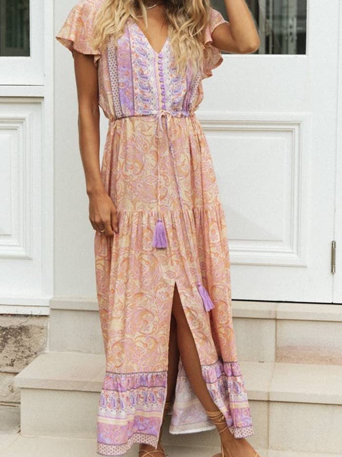 Rosa Clothing - Wholesale Dress - Women's - Bohemia Border Print Flutter Sleeve Maxi Dress5