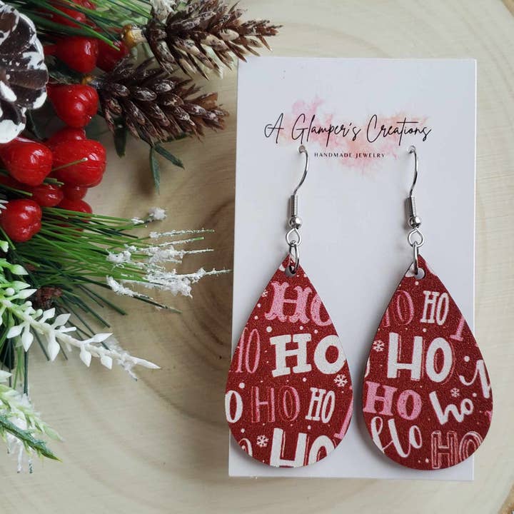 Ho Ho Ho Christmas Wooden Teardrop Earrings for wholesale by A Glamper's Creations LLC
