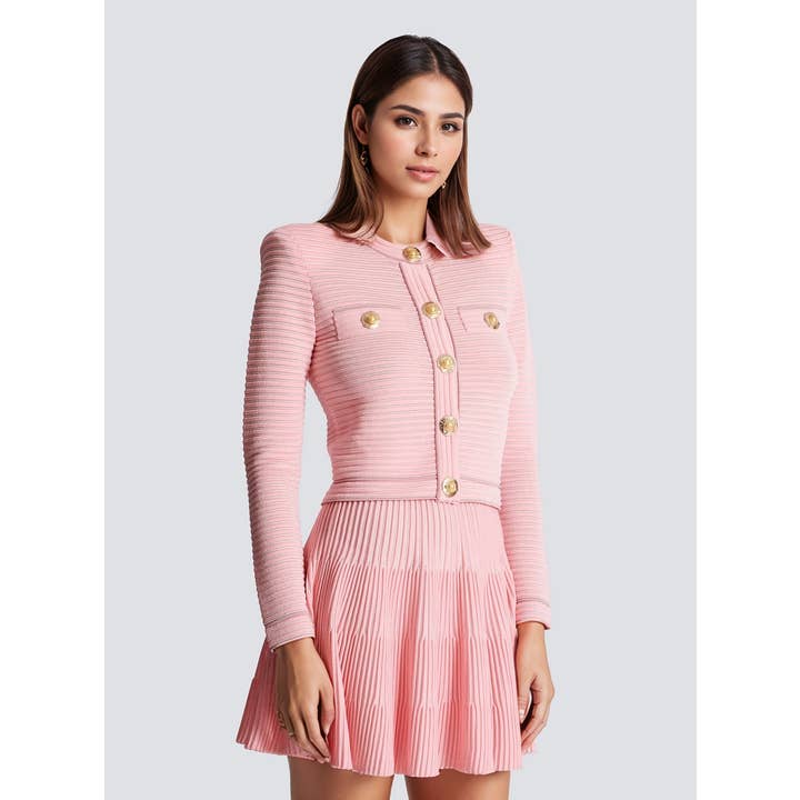 SET194Y Elegante Geribbelde Vest & Geplooide Rok Set – Roze voor wholesale door Productseeker