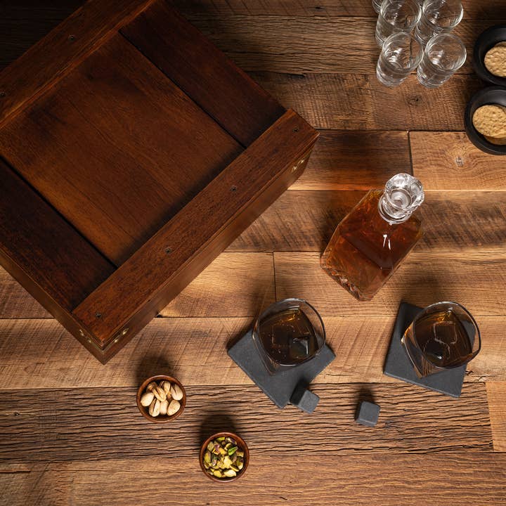 Dark Stain Parawood Whiskey Box with Decanter - Gift Set for wholesale on Faire18