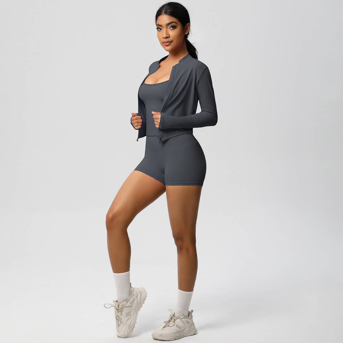 Sodalemon – Conjunto de desporto – Mulher por atacado – Conjunto feminino de yoga justo: top esportivo com interior escovado, jaqueta com zíper e shorts7