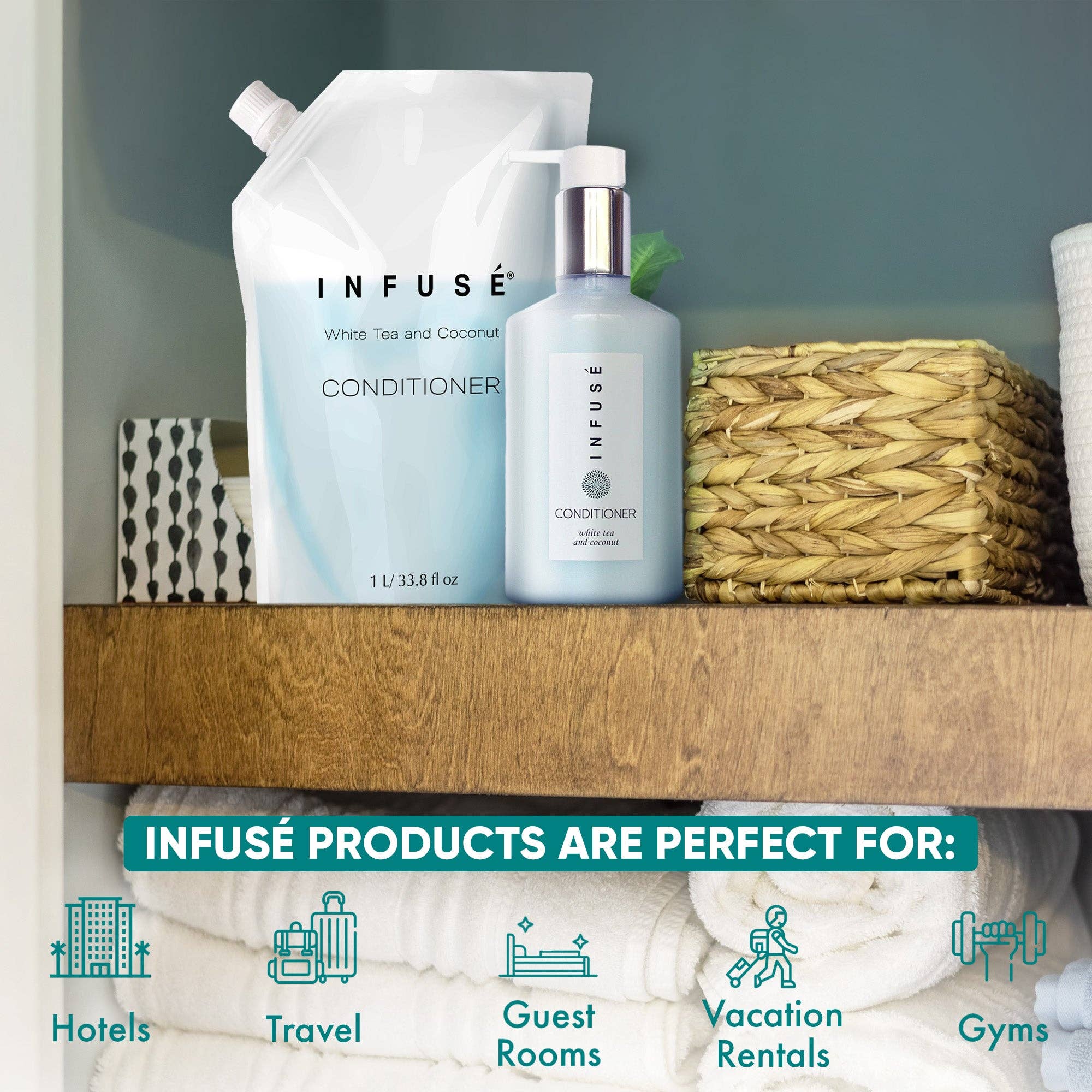 Diversified Hospitality Solutions - Wholesale Hair Conditioner - INFUSÉ 1 Liter Conditioner Refill Bag For Soap Dispensers | Bulk Toiletries for Vacation Rentals, and Home Bathroom Showers | White Tea and Coconut | Single1