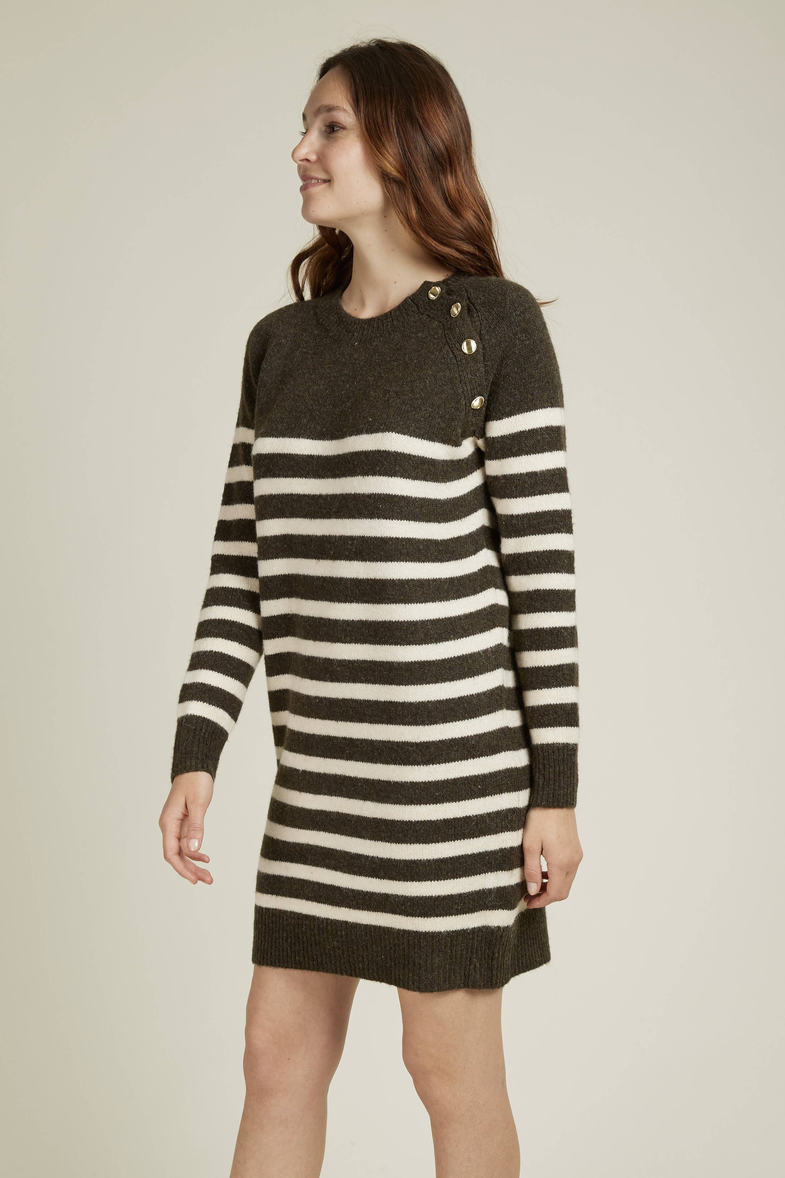 Andy & Lucy - Wholesale Dress - Women's - ARLENE - Mid-length sweater dress with stripes and gold buttons13