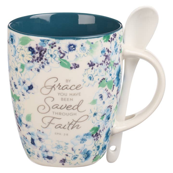 Mug with Spoon White/Blue Floral By Grace Eph. 2:8 for wholesale by Christian Art Gifts