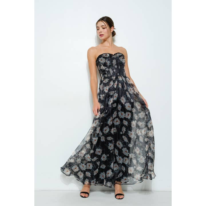 TAUPE BLACK Strapless Floral Maxi Dress with Corset Bodice for wholesale on Faire