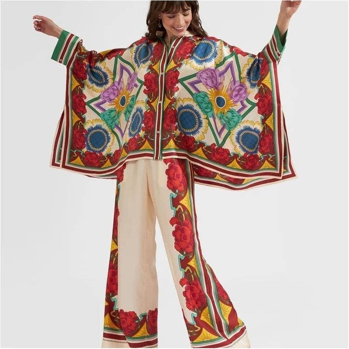 Printed Stand Collar Irregular Top And Pants Set for wholesale by Sheer Trend