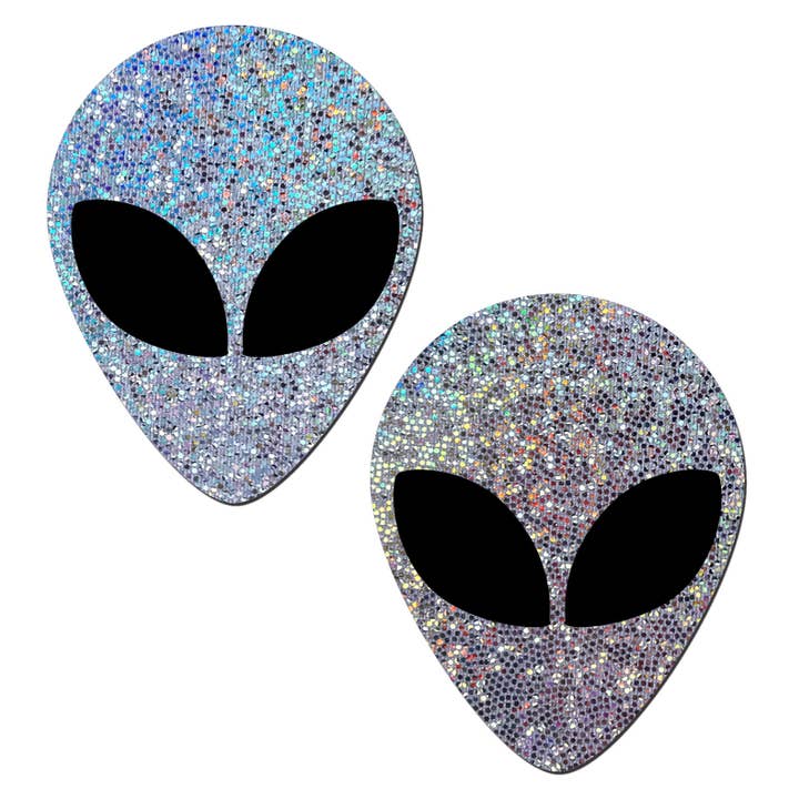 Pastease® - Wholesale Nipple Pasties - Women's - Glitter Silver Alien with Spacey Black Eyes Nipple Pasties