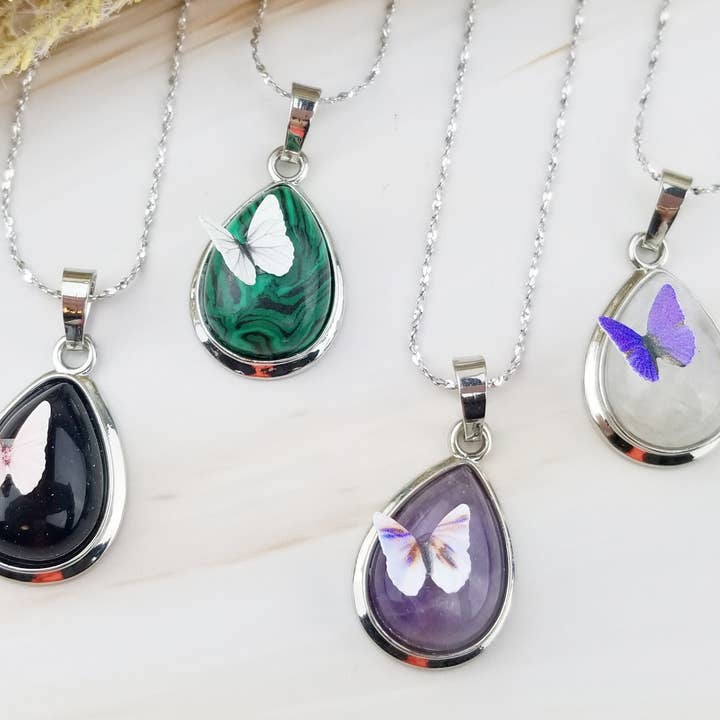 WonderLight Jewelry - Wholesale Pendant/Charm Necklace - Gemstone Teardrop Butterfly Necklace - Butterfly / Hope
