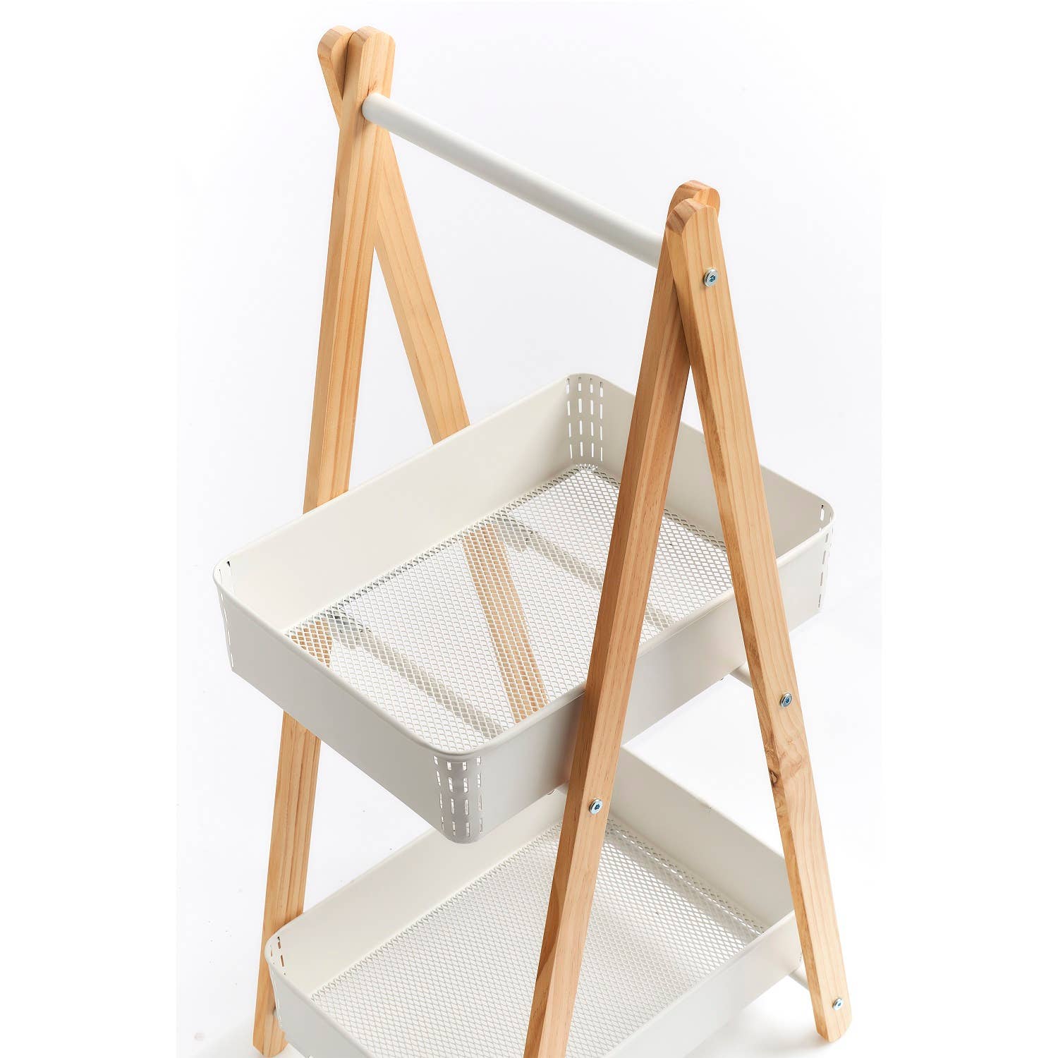 Freestanding shelf with 2 baskets, metal/wood, white for wholesale on Faire1