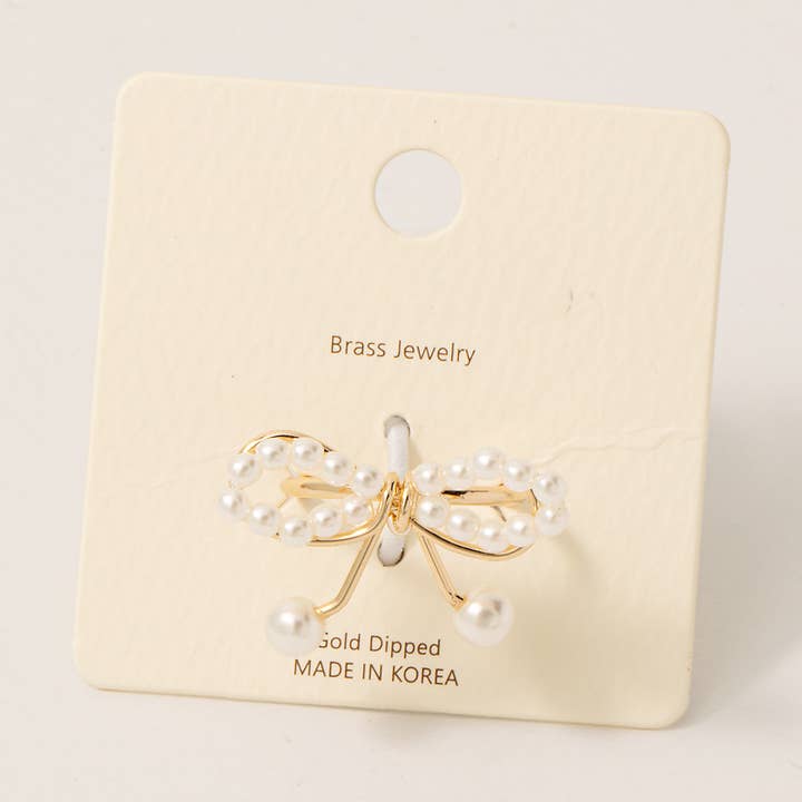 G Gold Dipped Pearl Studded Ribbon Bow Band Ring for wholesale on Faire