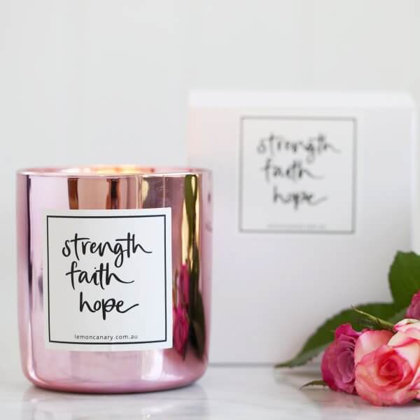 PINK ‘STRENGTH, FAITH, HOPE’ SOY CANDLE for wholesale by Lemon Canary