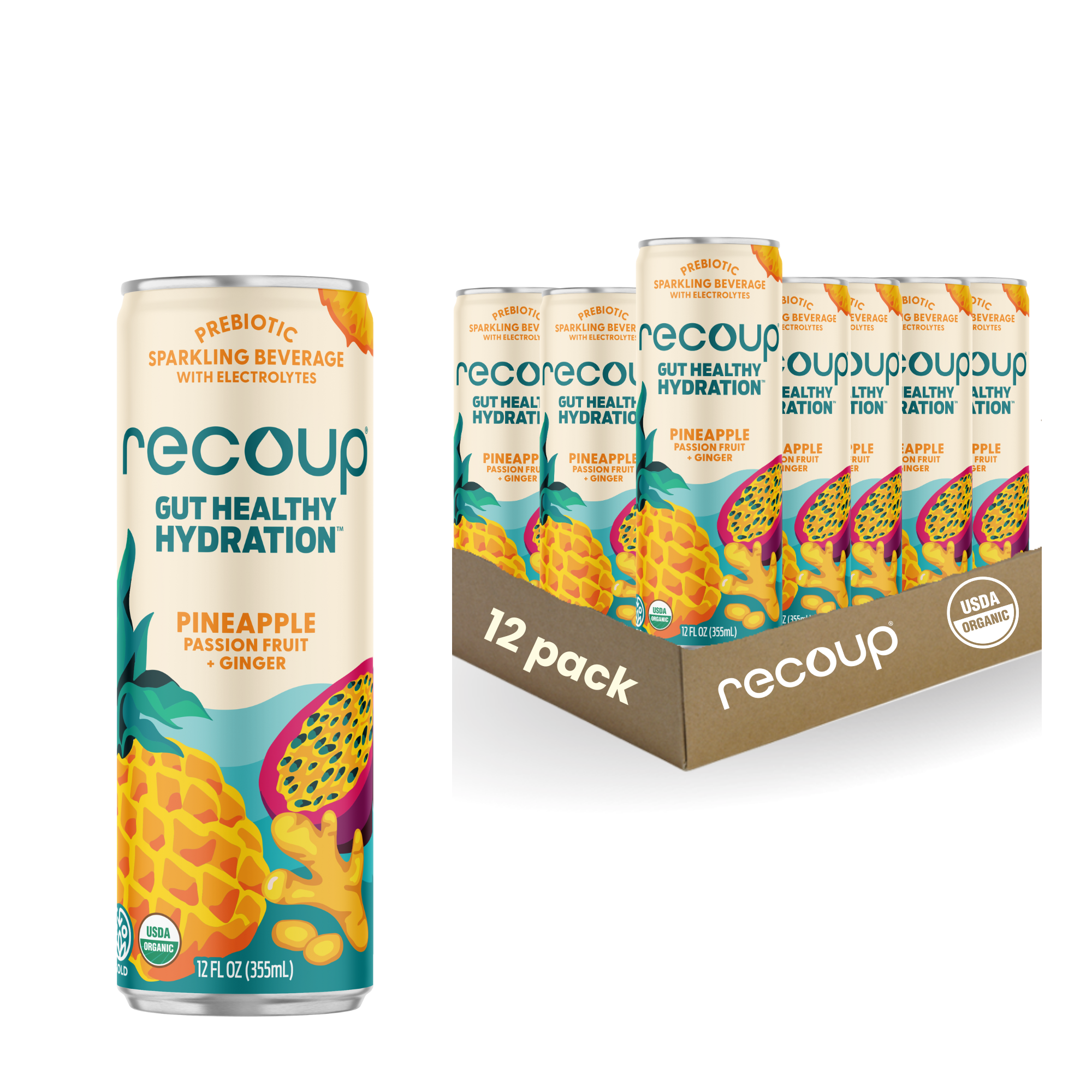 Recoup - Wholesale Sparkling Water - Pineapple Passionfruit + Ginger Prebiotic Sparkling Beverage1