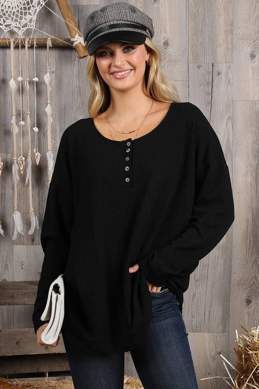 NINEXIS - Wholesale Knit Top - Women's - CWTTL450_BUTTON PLACKET LONG SLEEVE WAFFLE TOP0