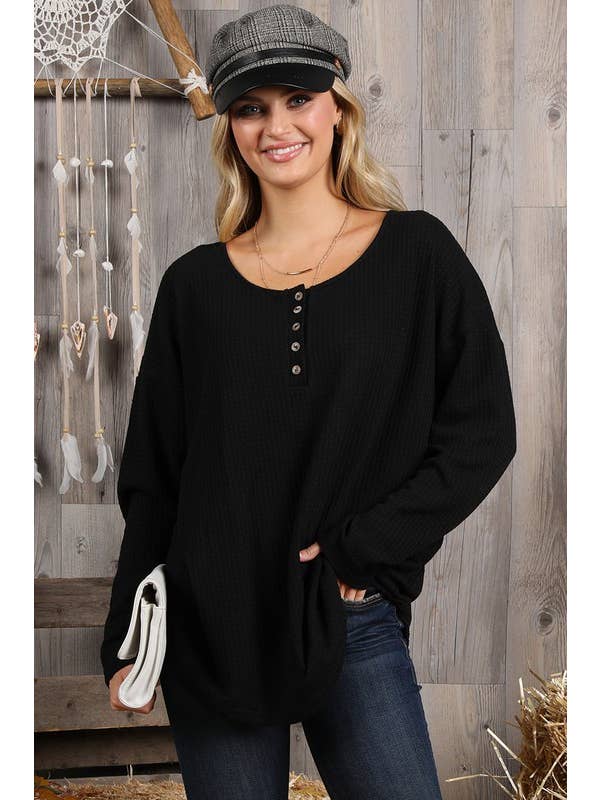 NINEXIS - Wholesale Knit Top - Women's - CWTTL450_BUTTON PLACKET LONG SLEEVE WAFFLE TOP