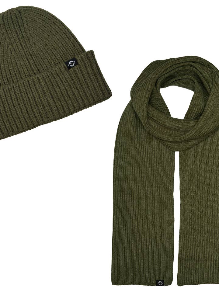 Ribbed Knit Matching Beanie & Scarf Bundle - Olive for wholesale by Funky Junque