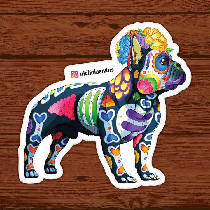 Day of the Dead Dog French Bulldog Sticker - "Gustavo" for wholesale by Nicholas Ivins Art & Illustration