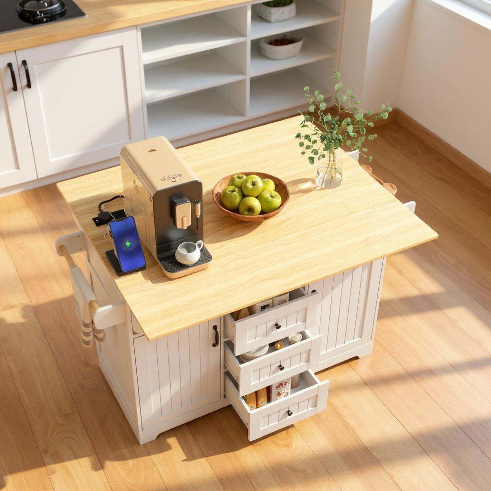 HOMYCASA DESIGN INC - Vente Rangements/organisateurs de cuisine - Îlot de cuisine avec rangement et plan de travail rabattable2