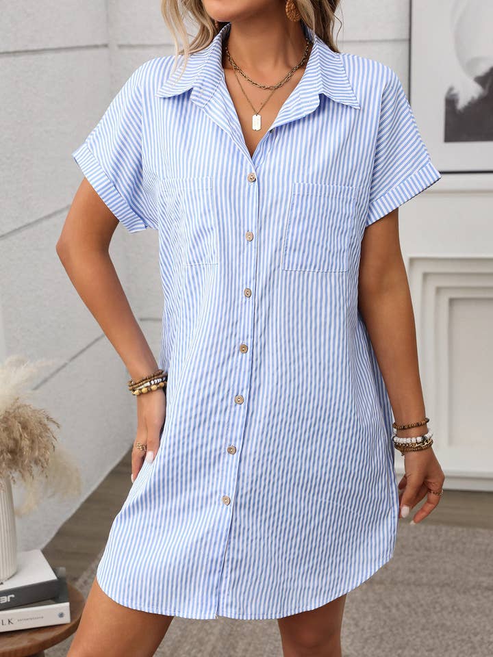 Suhkasana - Wholesale Dress - Women's - Striped Cotton Linen Shirt Dress