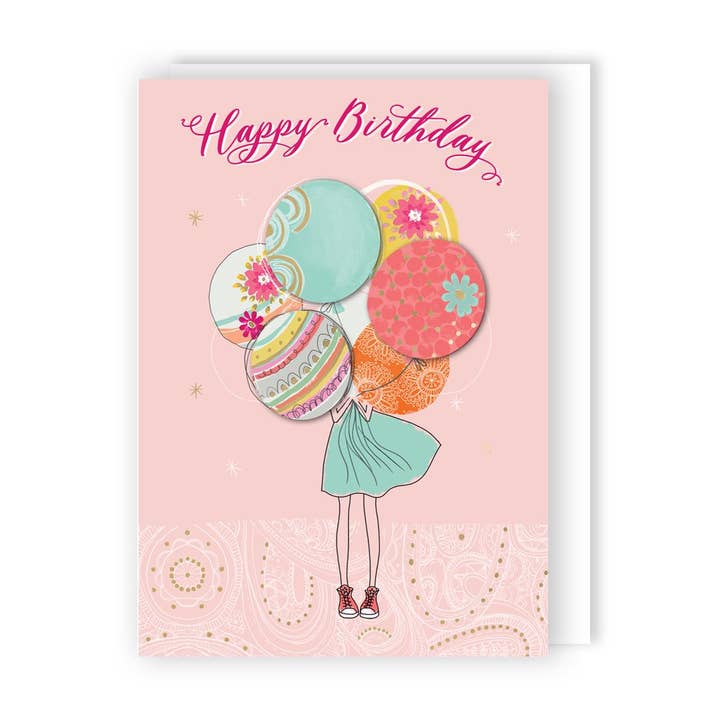 Second Nature Ltd - Vendita all'ingrosso Biglietti di auguri generici - Ragazza che tiene palloncini - Con affetto - Seconda natura