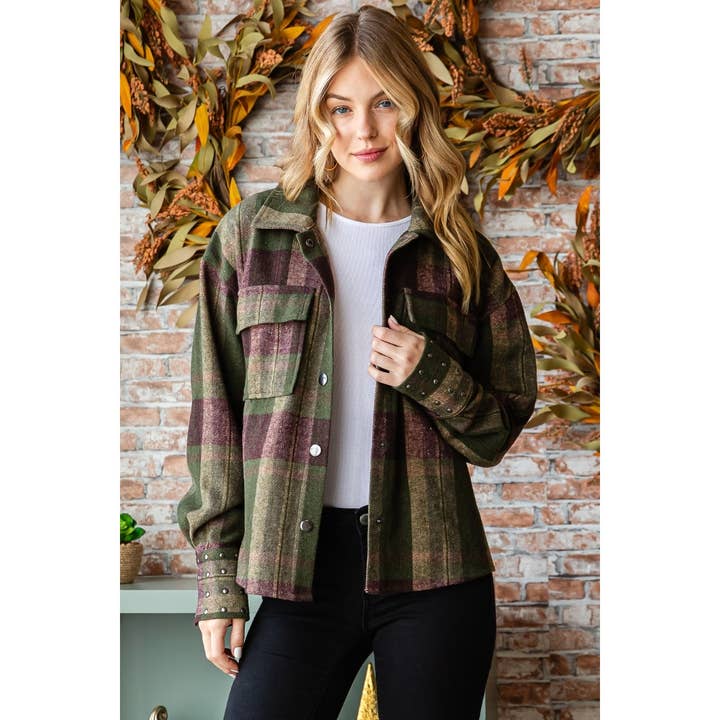 Veveret – wholesale Shirt Jacket/Shacket - Women’s – Plaid Stud Cuff Shirt Jacket