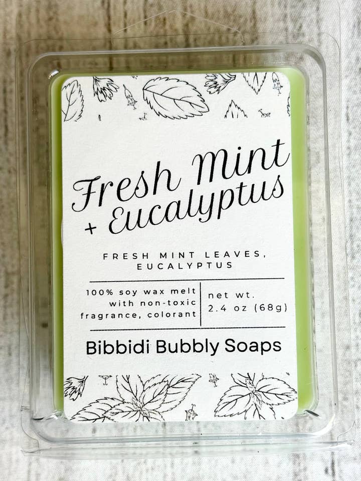 Fresh Mint + Eucalyptus Soy Wax Melt Natural Earthy Holistic for wholesale by Bibbidi Bubbly Soaps
