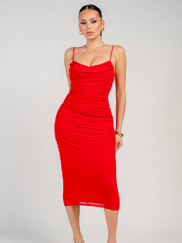 PD79149N_COWL NECK RUCHING MIDI BODYCON DRESS for wholesale by PRIVY