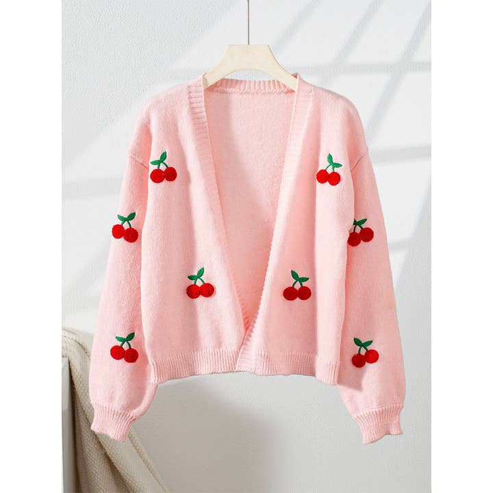 Pink Sweet Cherry Embroidery Cropped Cardigan for wholesale on Faire4