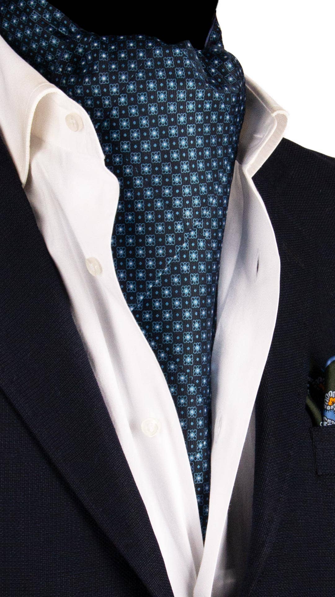 Graffeo Cravatte – wholesale Necktie – Men’s – Ascot Night Blue Vintage Silk Print Patchwork Blue White Pattern AP1133