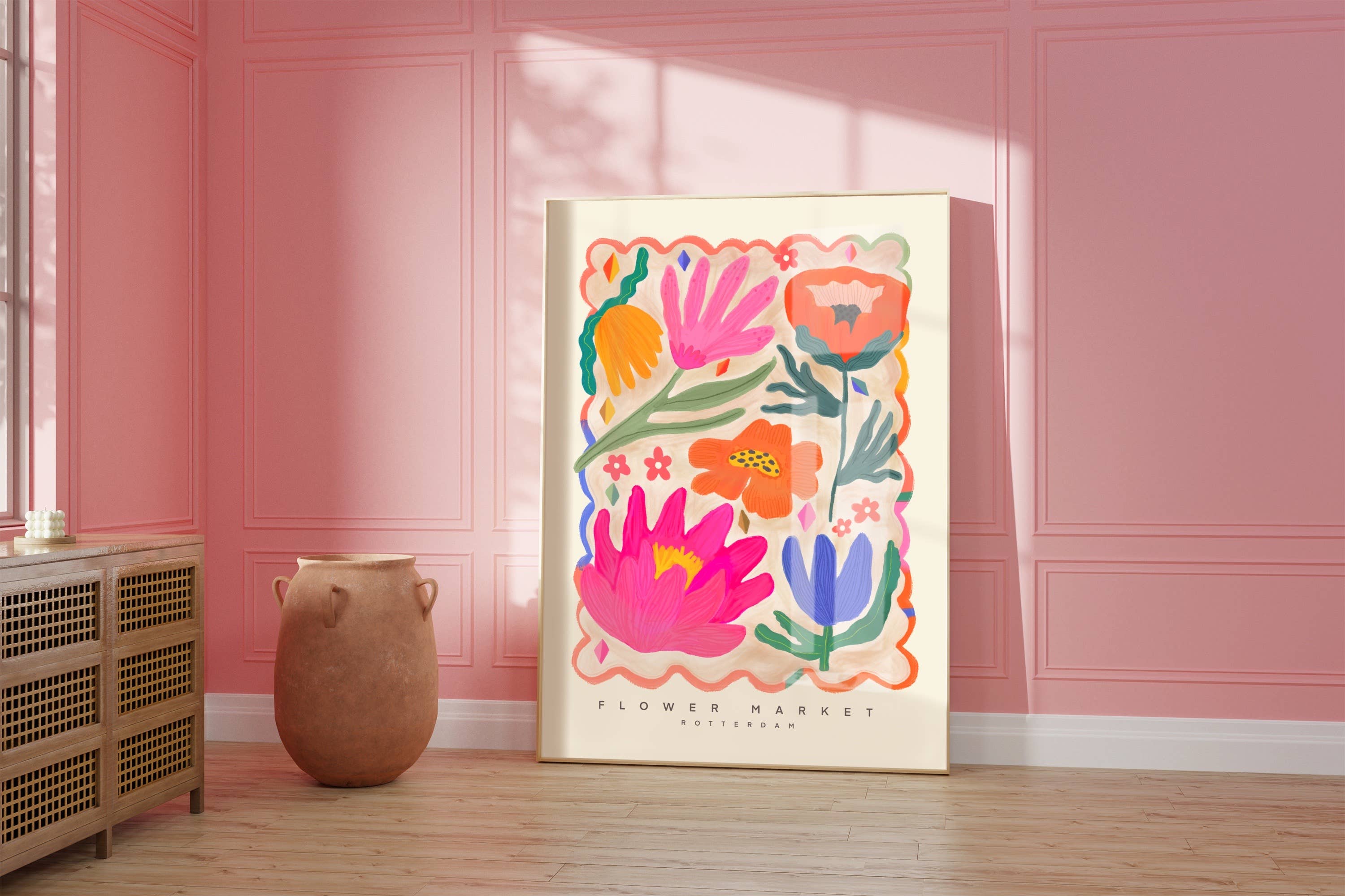 Kate Fox Design – wholesale Art print – Colourful Flower Market Print, Illustration, Modern, Pink4