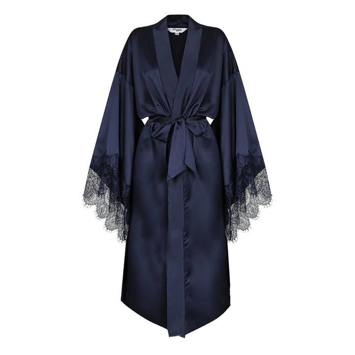 Bespoke Satin Navy Lace Long Robe - Navy Lace Details for wholesale by Midnight Mischief