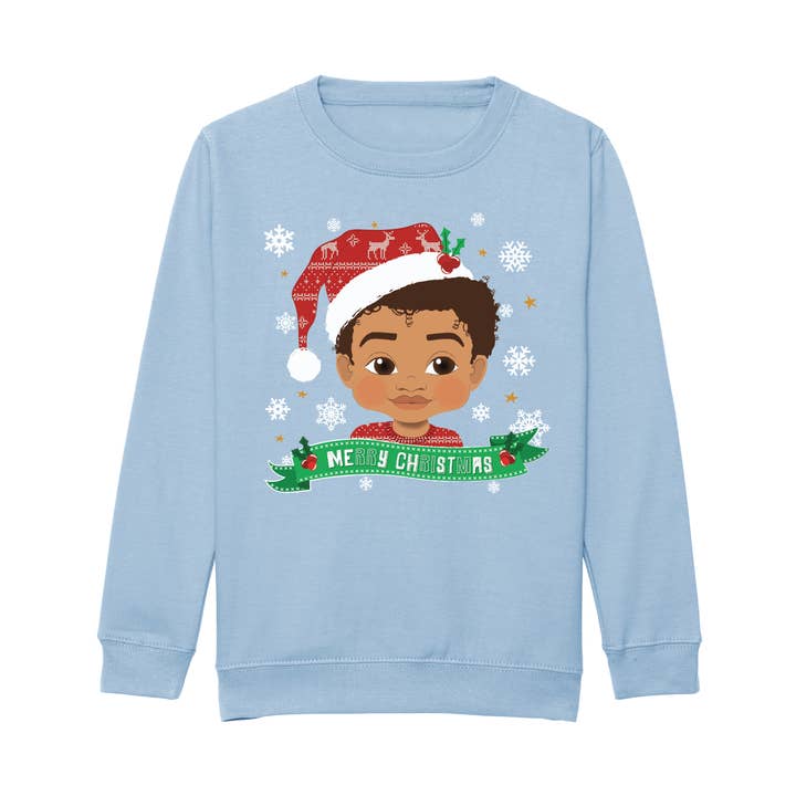 Fefus Designs - Wholesale Sweatshirt - Kids - Mixed Race Boy Santa Hat Christmas Sweatshirt – Holiday Jumper | Fefus Designs5