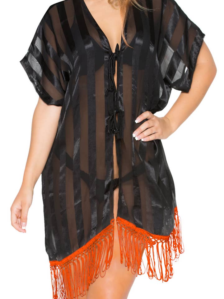 Silky Satin Tassels Open Solid Black Bikini Cover up Kimono for wholesale by LA LEELA \ HAPPY BAY