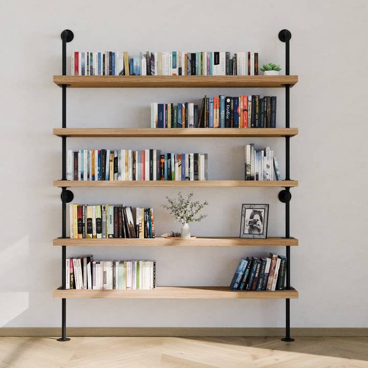 60" Pipe Bookcase with 9.25" Deep and 1.5" Thick Real Solid Wood Boards - 5 Tier - Burnt for wholesale by Wallniture