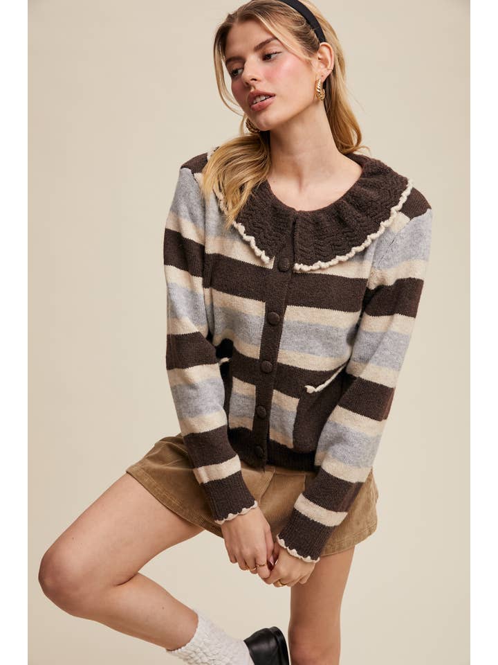 Listicle – wholesale Cardigan – Women’s – Striped Knit Cardigan with Scalloped Collar LSW09761