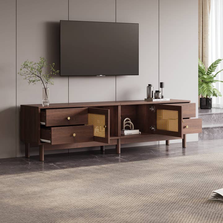 Urban Meuble - Wholesale Console Table - Vintage-style walnut wood effect TV stand with 2 rattan doors, 4 drawers 180*35*44cm KUQON4