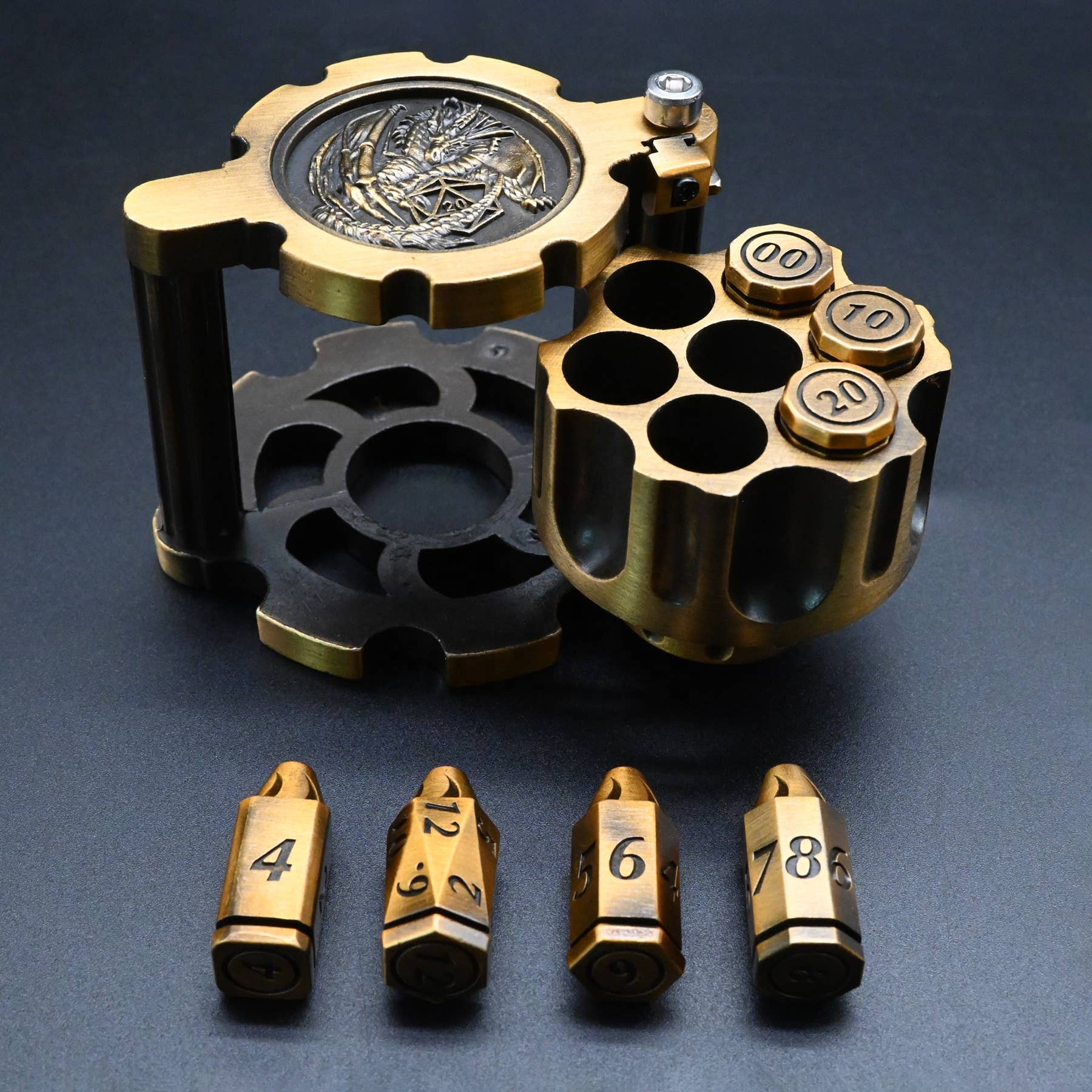 Tabletop Dominion Limited - Wholesale Dice - Hexchamber | Bullet Dice set and Revolver Holder | Gold1