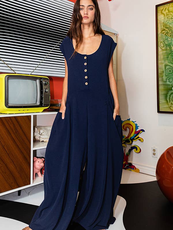 BUCKETLIST OUTLET - Wholesale Jumpsuit - Women's - R5277 OUTLET SALE Scoop Neck Wide Leg Solid Jumpsuit16