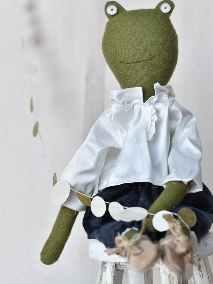 Fern the Frog doll- Silk Ruffle Blouse with Suede boots**Limited Edition** for wholesale by Woolgrass Farm
