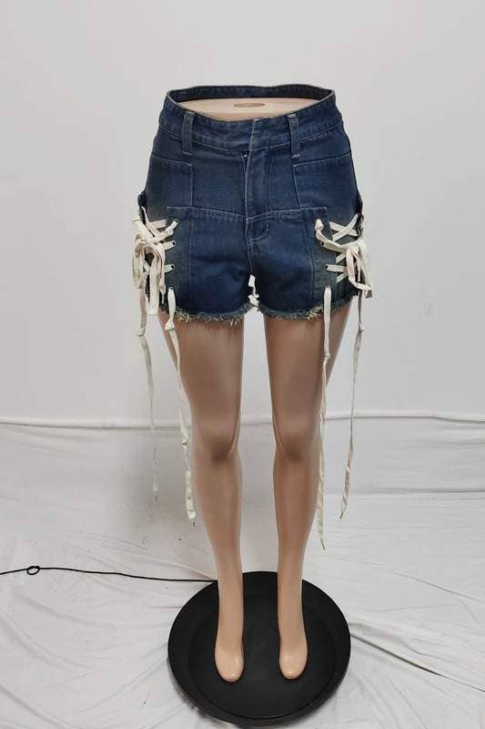 BLUE shoe lace stretch denim shorts for wholesale on Faire6