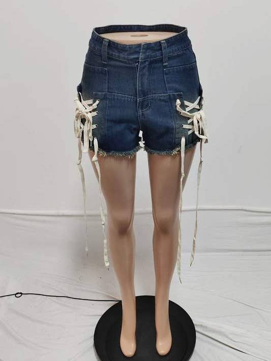 BLUE shoe lace stretch denim shorts for wholesale on Faire6