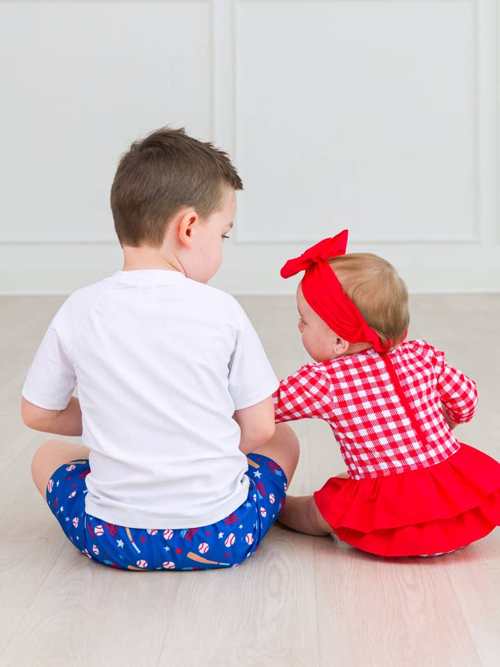 Blue Boys Play Ball Baseball Swim Trunks for wholesale on Faire