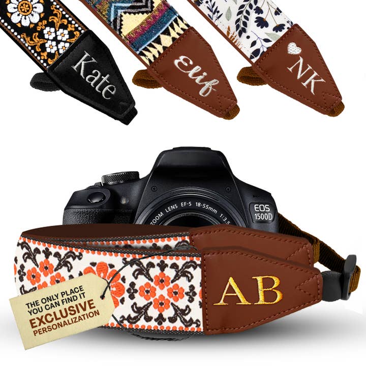 Correa de cámara bordada personalizada - Correa de cámara con flores naranjas para venta al por mayor de Gradzo