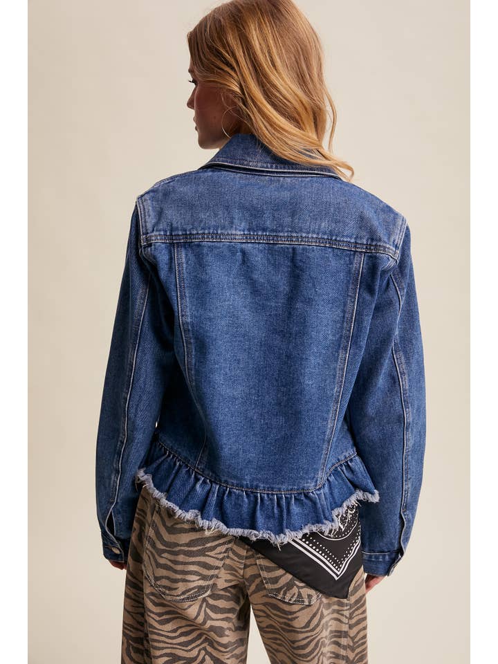 Listicle - Wholesale Denim Jacket - Women's - Ruffled Hem Denim Jacket LJ023624