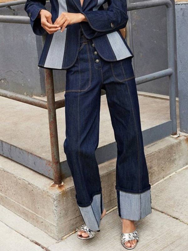 DEEP BLUE High Waist Straight Contrast Split Jean Pants for wholesale on Faire1