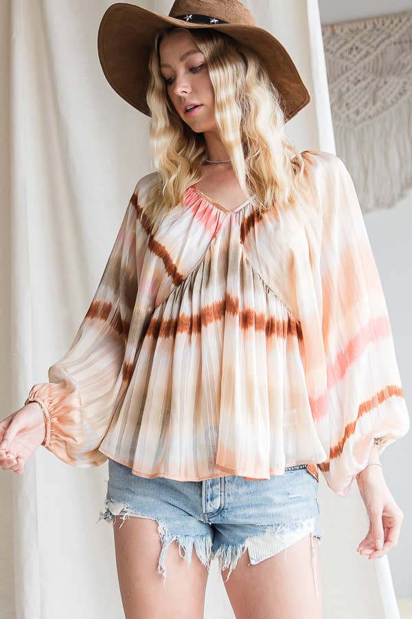 BLUSH CAMEL T1190-1C OUTLET SALE Ombre Lurex Chiffon Babydoll Blouse Top for wholesale on Faire16