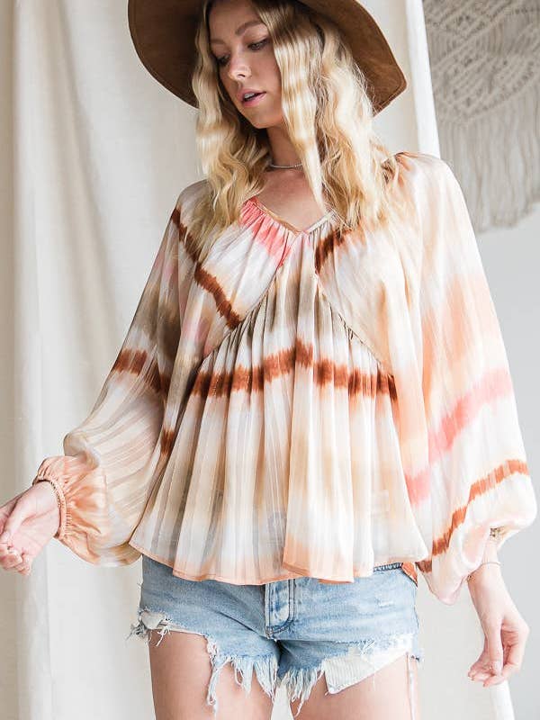 BLUSH CAMEL T1190-1C OUTLET SALE Ombre Lurex Chiffon Babydoll Blouse Top for wholesale on Faire16