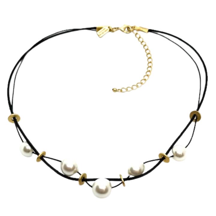 White Pearl And Black Linen and Leather Disk Necklace for wholesale by Deborah Grivas Designs